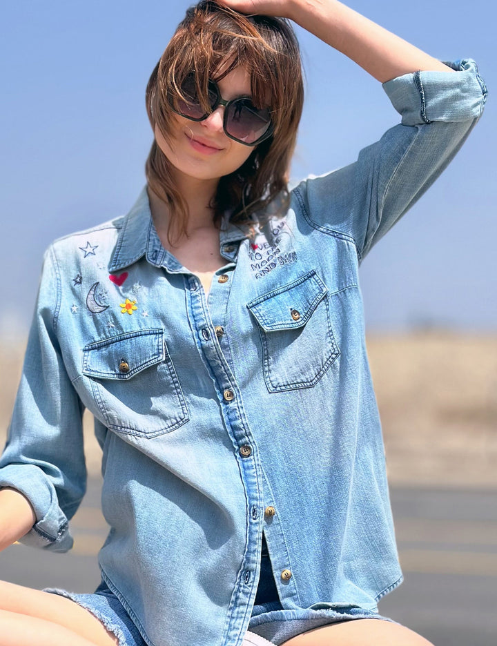BK Moon and Stars Denim Shirt available at Barbara Katz