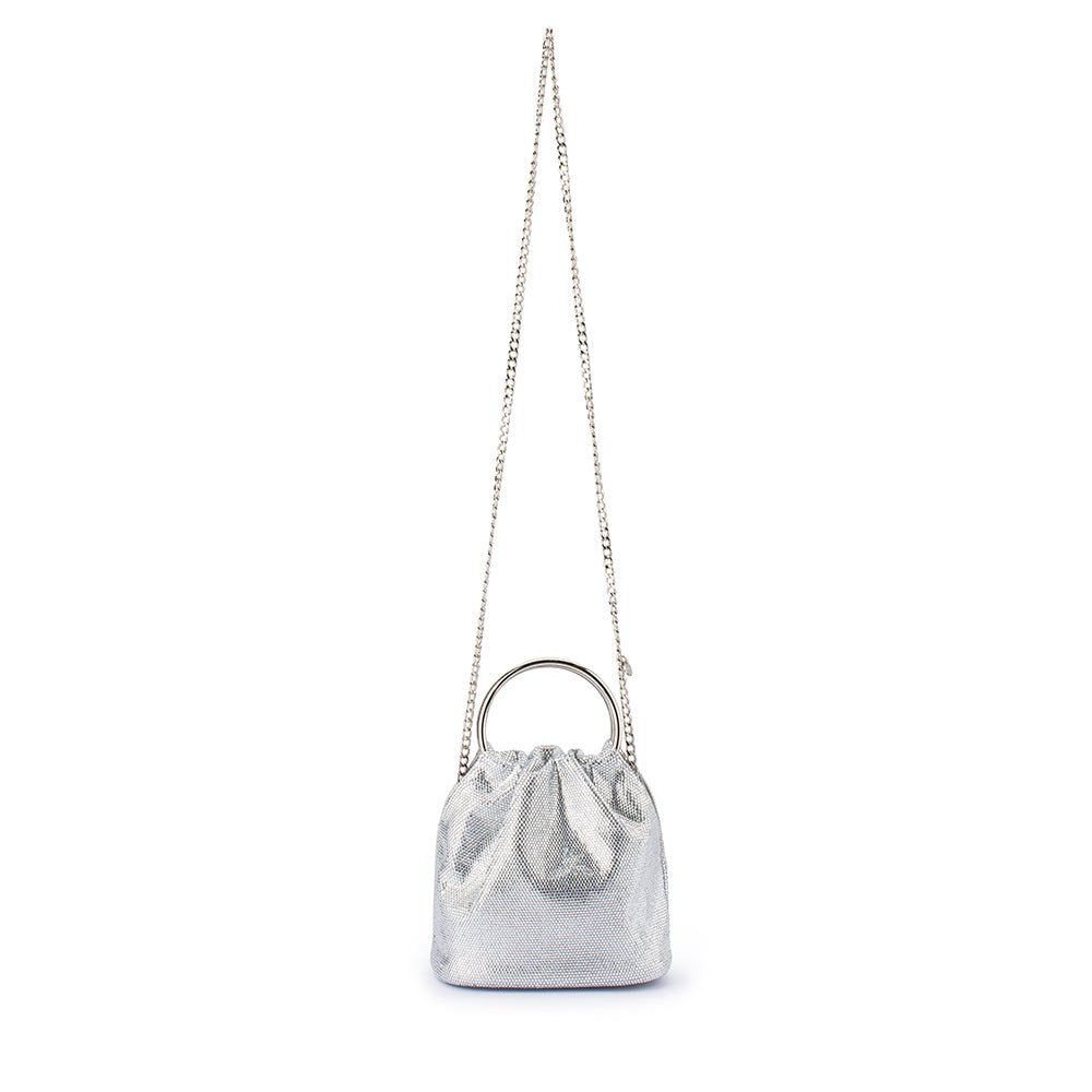 Olga Berg Mabel Crystal Top Handle Bag in Silver available at Barbara Katz