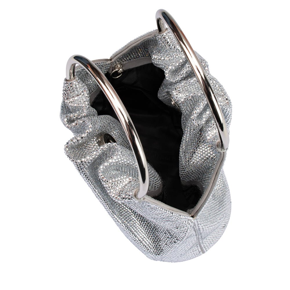 Olga Berg Mabel Crystal Top Handle Bag in Silver available at Barbara Katz