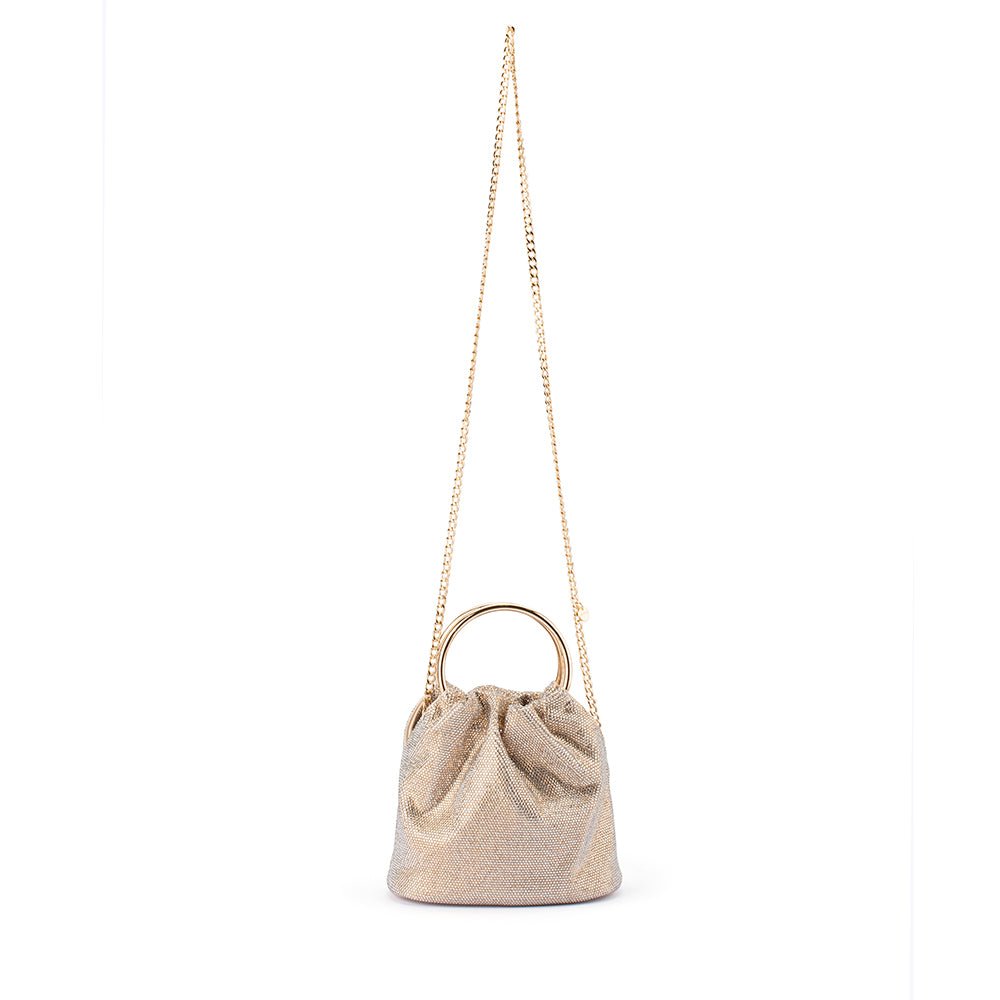 Olga Berg Mabel Crystal Top Handle Bag in Champagne available at Barbara Katz