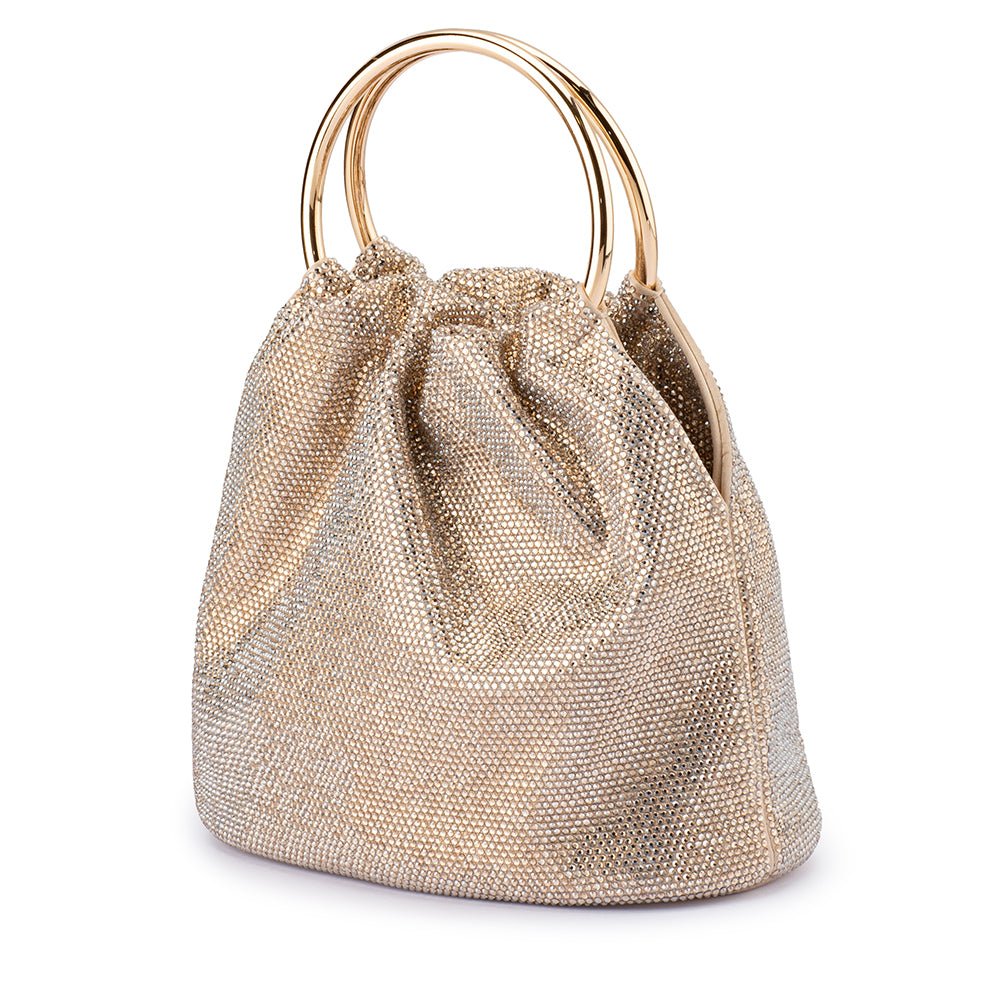 Olga Berg Mabel Crystal Top Handle Bag in Champagne available at Barbara Katz
