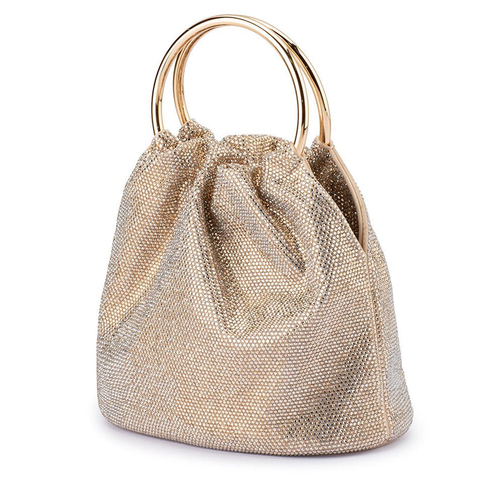 Olga Berg Mabel Crystal Top Handle Bag in Champagne available at Barbara Katz