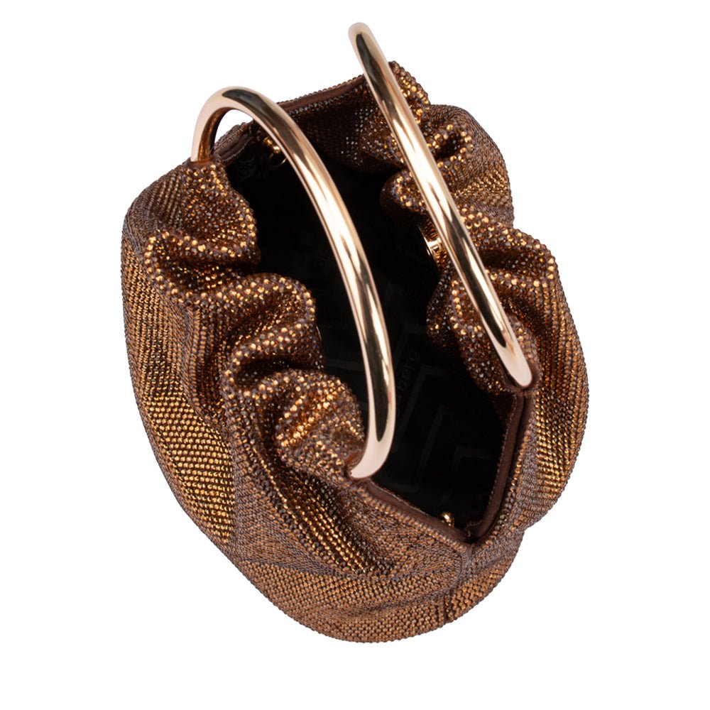 Olga Berg Mabel Crystal Top Handle Bag in Copper available at Barbara Katz