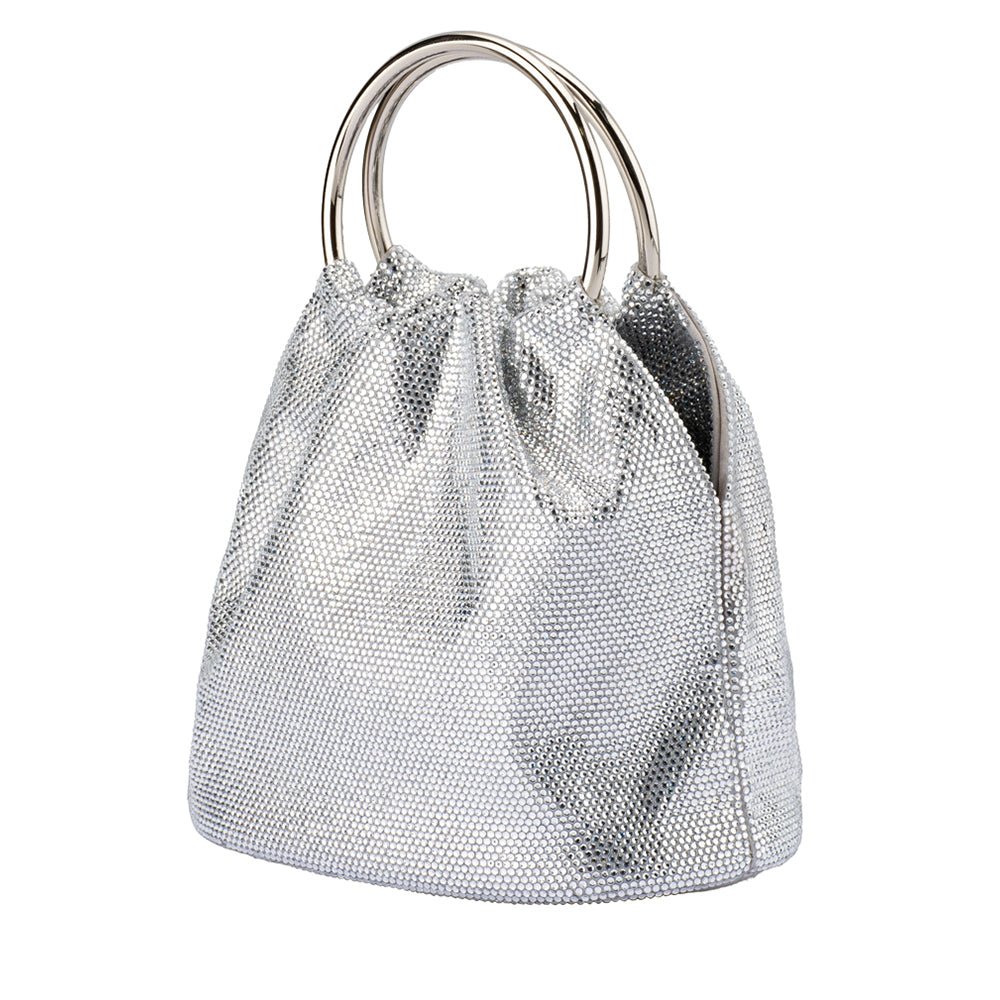 Olga Berg Mabel Crystal Top Handle Bag in Silver available at Barbara Katz