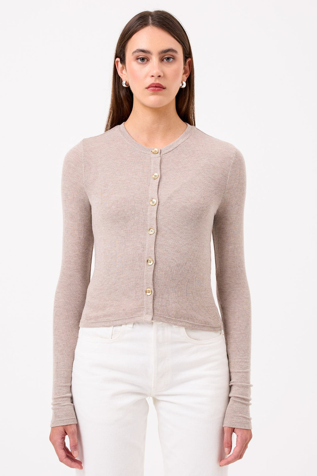 Goldie Marina Ribbed Crop Cardigan in Oatmeal available at Barbara Katz