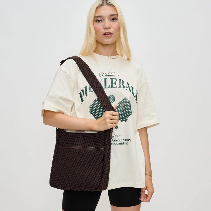 Sol and Selene Kismet Woven Neoprene Crossbody Bag in Chocolate available at Barbara Katz