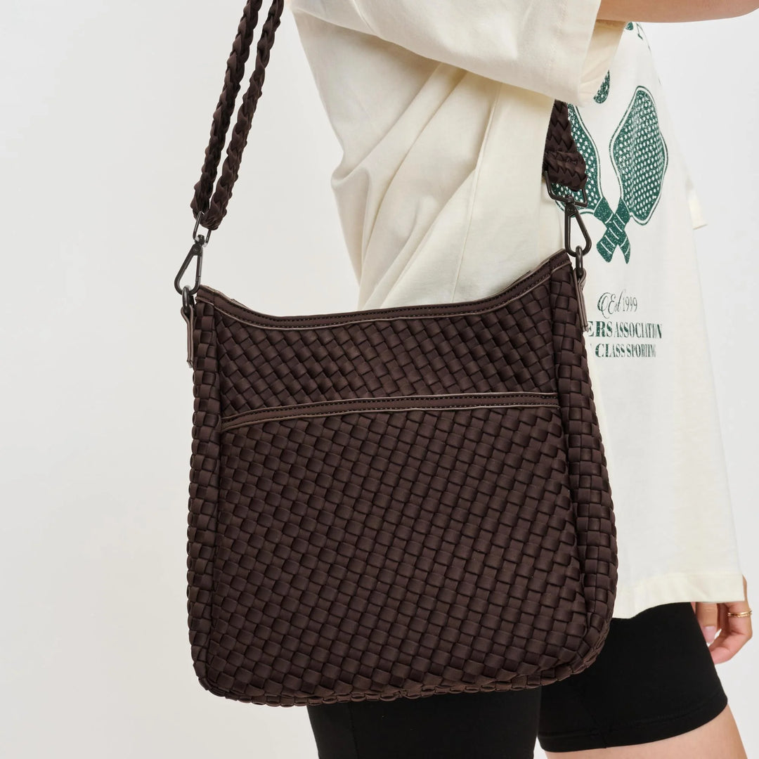 Sol and Selene Kismet Woven Neoprene Crossbody Bag in Chocolate available at Barbara Katz