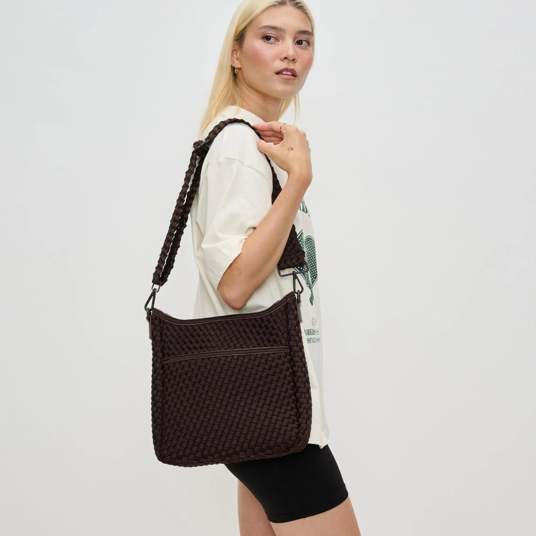 Sol and Selene Kismet Woven Neoprene Crossbody Bag in Chocolate available at Barbara Katz