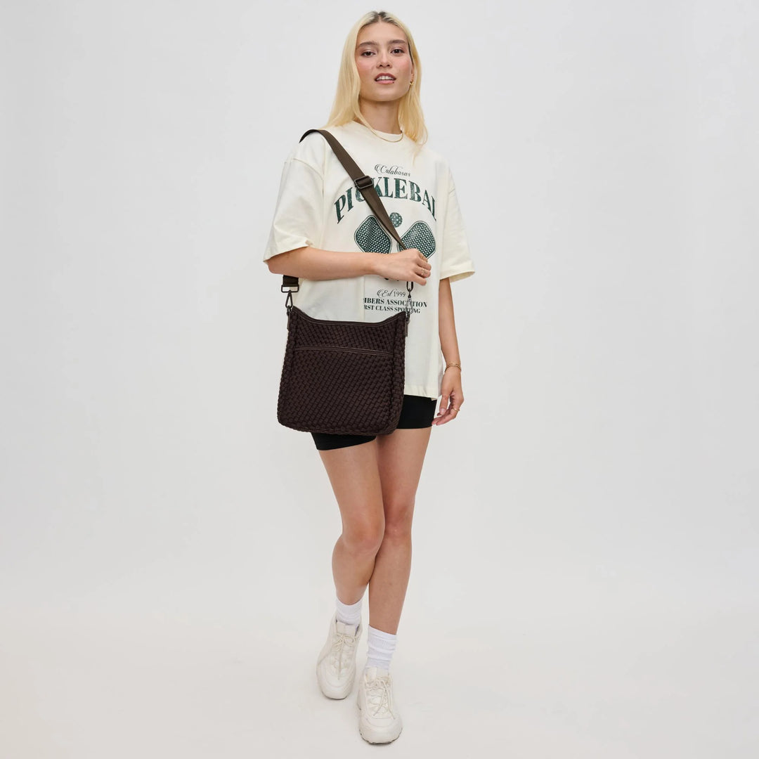 Sol and Selene Kismet Woven Neoprene Crossbody Bag in Chocolate available at Barbara Katz