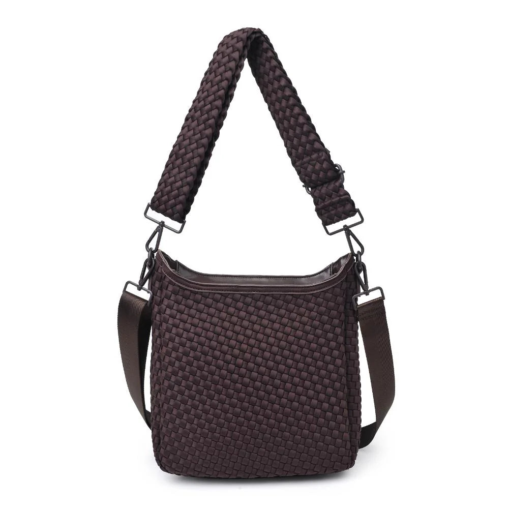 Sol and Selene Kismet Woven Neoprene Crossbody Bag in Chocolate available at Barbara Katz
