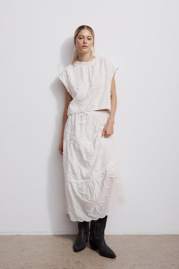 Melissa Nepton Licia Embroidered Blouse and Flori Embroidered Skirt in Off White available at Barbara Katz
