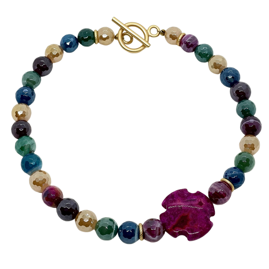 Deborah Grivas Multi Agate Beaded Necklace With Magenta Agate Cross Accent