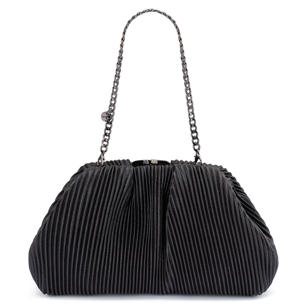 Olga Berg Naomi Pleated Clutch Bag in Black available at Barbara Katz