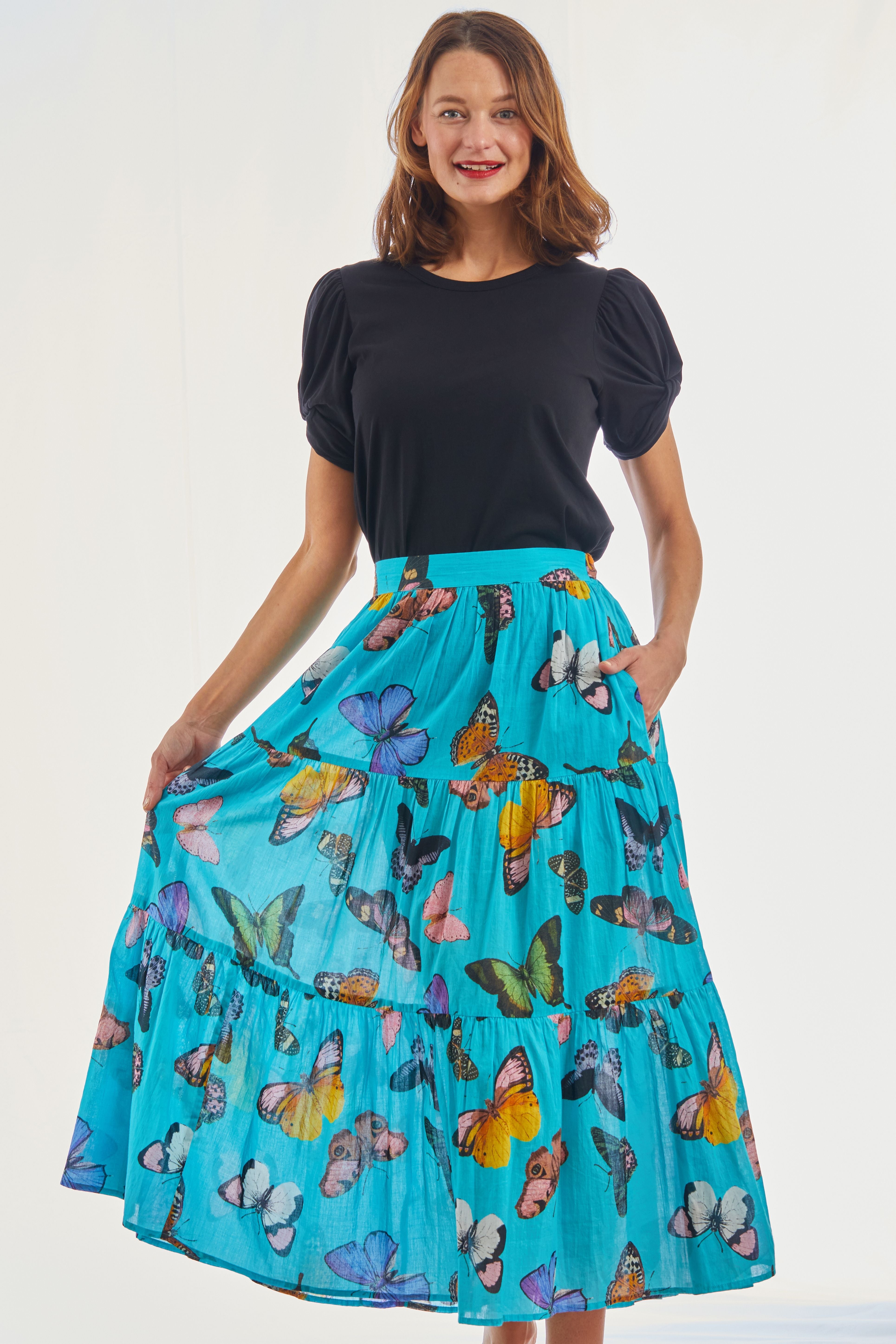 Dizzy-Lizzie Woodstock Midi Skirt - Turquoise With Butterflies