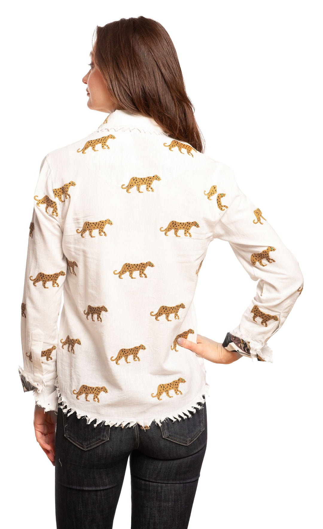 Dizzy-Lizzie Cape Cod Top - Ivory with Cheetah Embroidery available at Barbara Katz