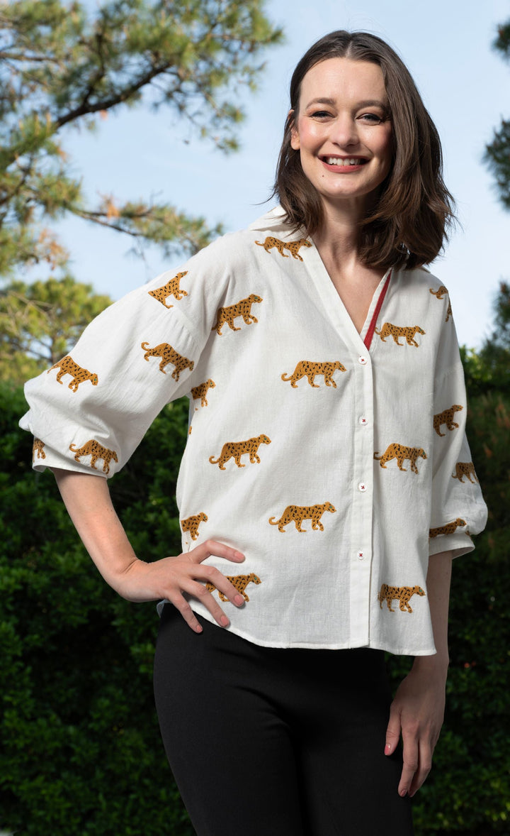 Dizzy-Lizzie Milano Top - Ivory Embroidered Cheetahs available at Barbara Katz