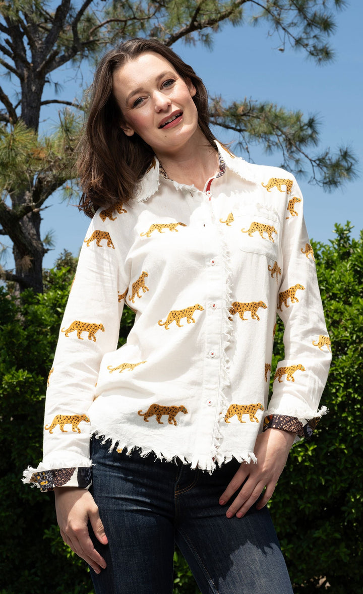 Dizzy-Lizzie Cape Cod Top - Ivory with Cheetah Embroidery available at Barbara Katz
