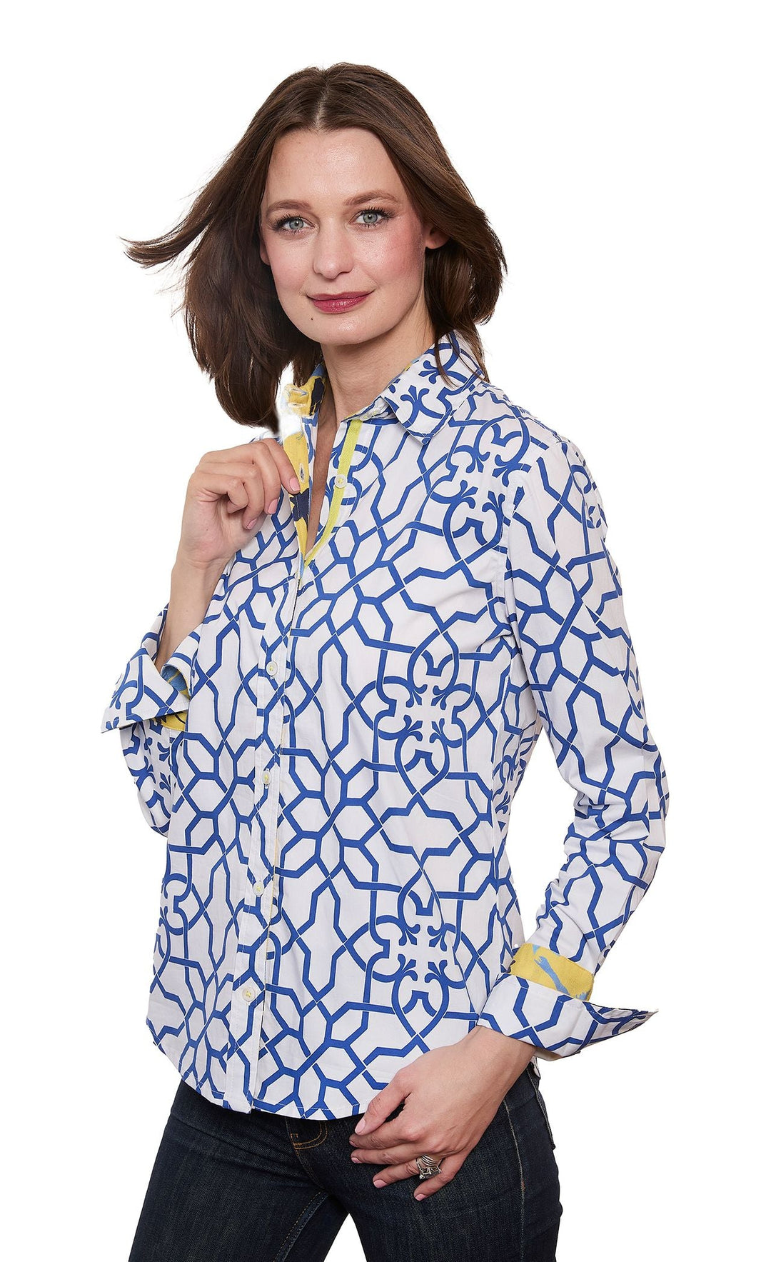 Dizzy-Lizzie Rome Long Sleeve Shirt - Navy White Geo Print available at Barbara Katz