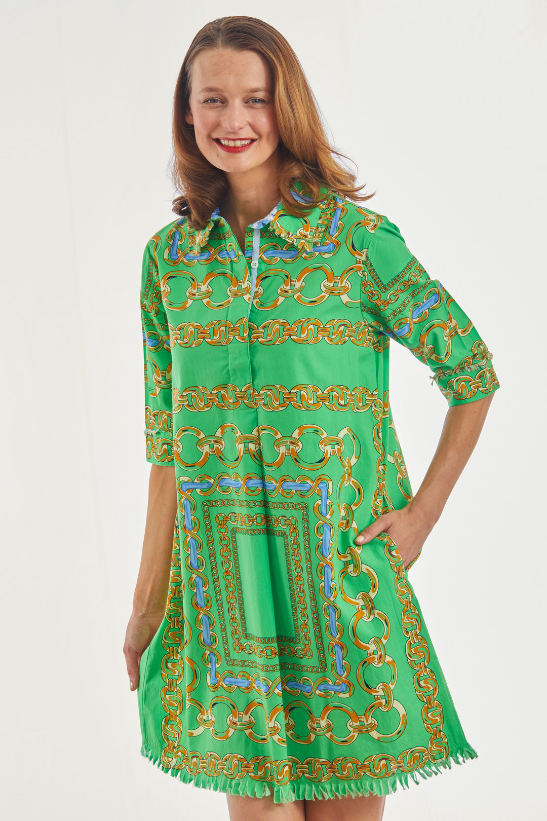Dizzy-Lizzie Chatham Dress - Green Blue Link Print available at Barbara Katz