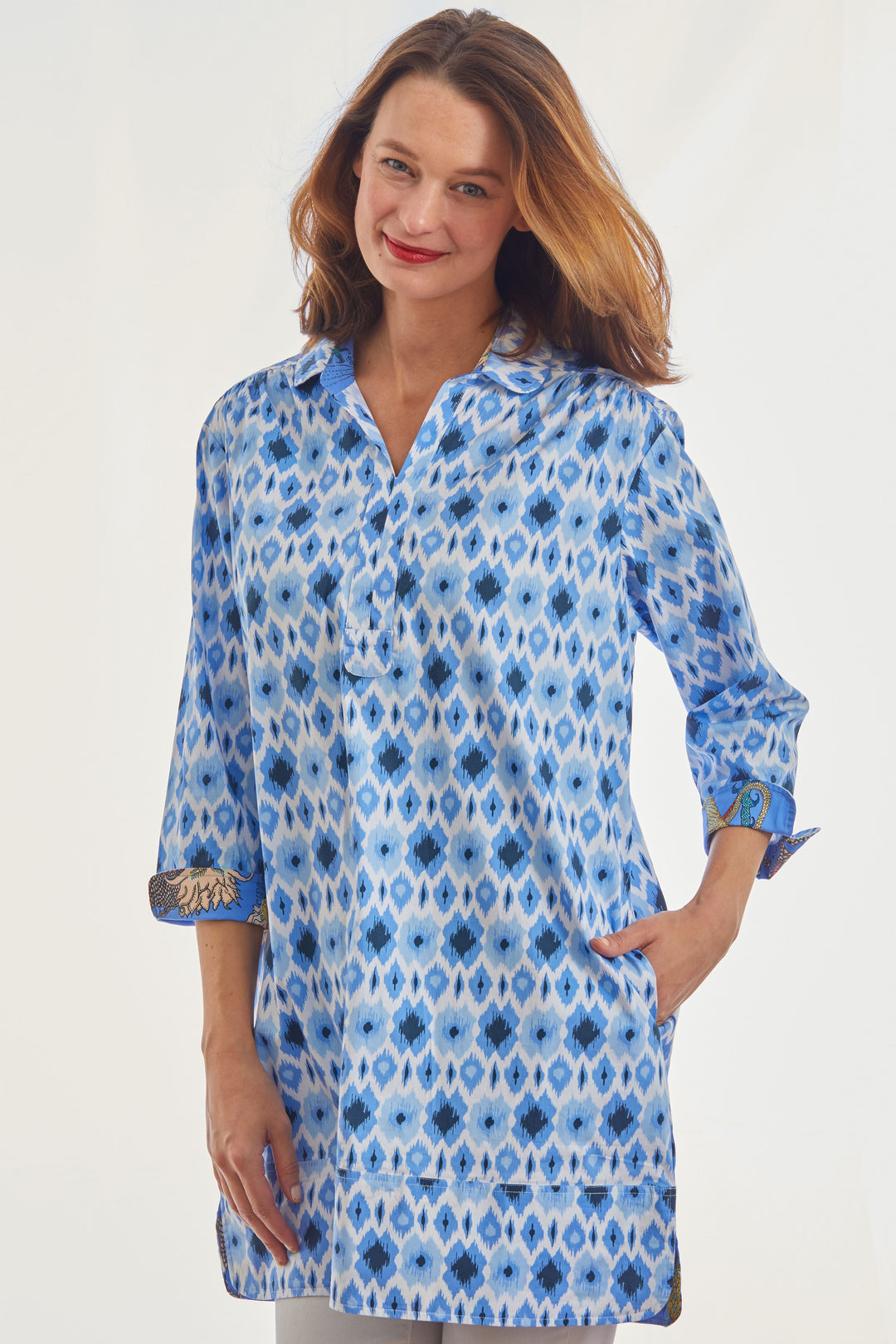 Dizzy-Lizzie Vail Tunic Blue Ikat Print