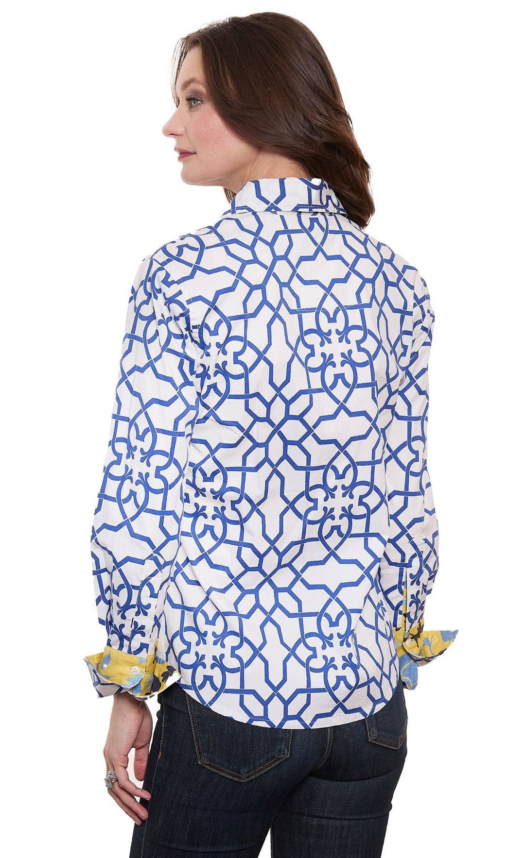 Dizzy-Lizzie Rome Long Sleeve Shirt - Navy White Geo Print available at Barbara Katz