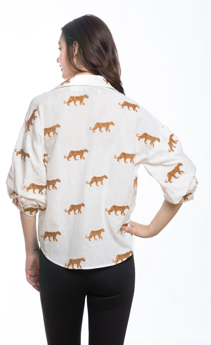Dizzy-Lizzie Milano Top - Ivory Embroidered Cheetahs available at Barbara Katz