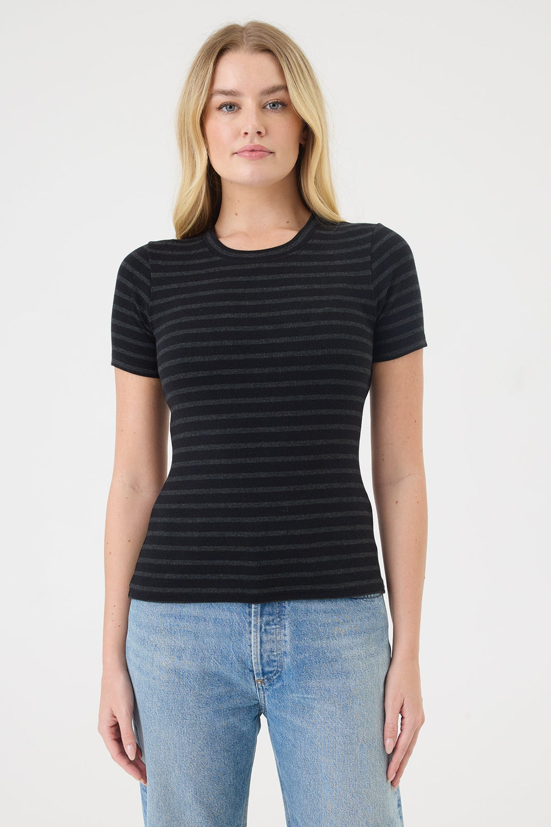 Goldie Shadow Stripe Short Sleeve Tee in Black/Charcoal Heather available at Barbara Katz