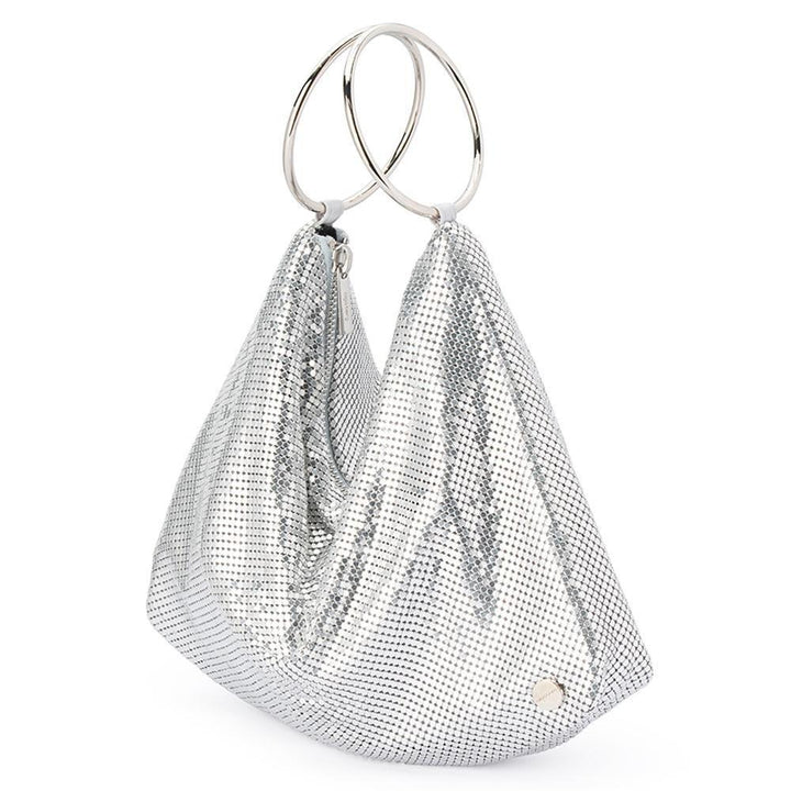 Olga Berg Shar Mesh Convertible Bag in Silver available at Barbara Katz