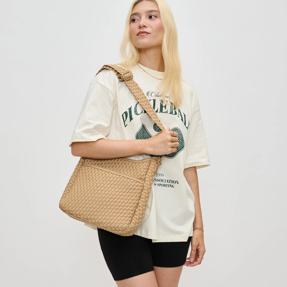 Sol and Selene Kismet Woven Neoprene Crossbody Bag in Nude available at Barbara Katz