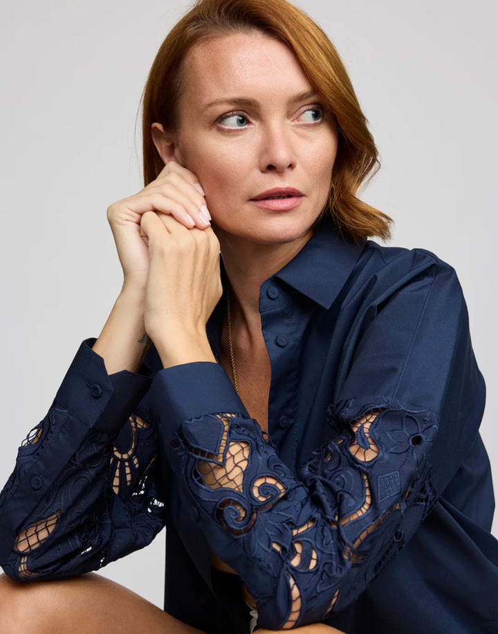 Hinson Wu Sophie Long Sleeve Embroidered Eyelet Top in Navy available at Barbara Katz