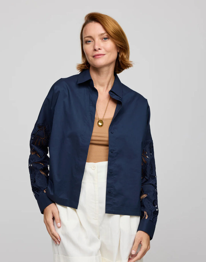 Hinson Wu Sophie Long Sleeve Embroidered Eyelet Top in Navy available at Barbara Katz
