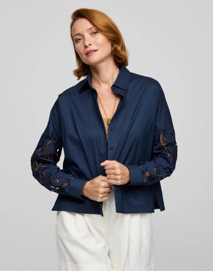 Hinson Wu Sophie Long Sleeve Embroidered Eyelet Top in Navy available at Barbara Katz