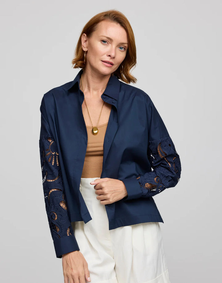 Hinson Wu Sophie Long Sleeve Embroidered Eyelet Top in Navy available at Barbara Katz