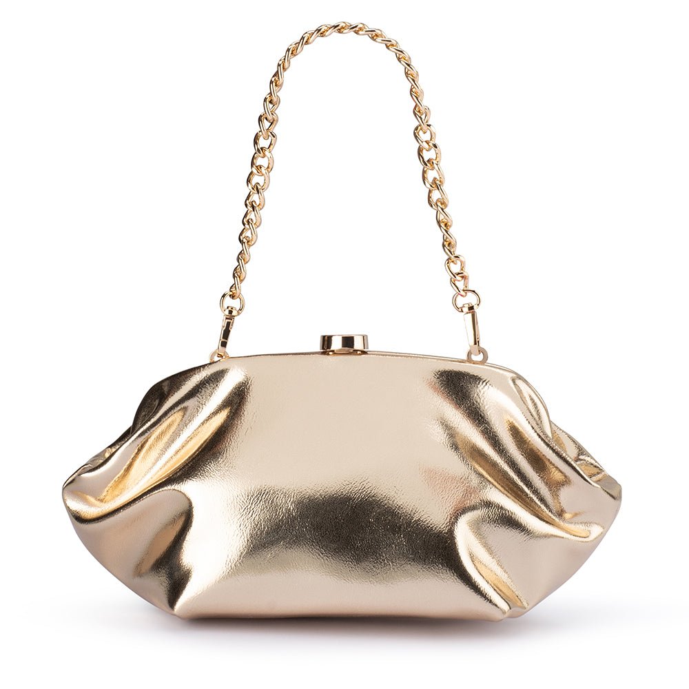 Olga Berg Tally Metallic Clutch in Gold available at Barbara Katz