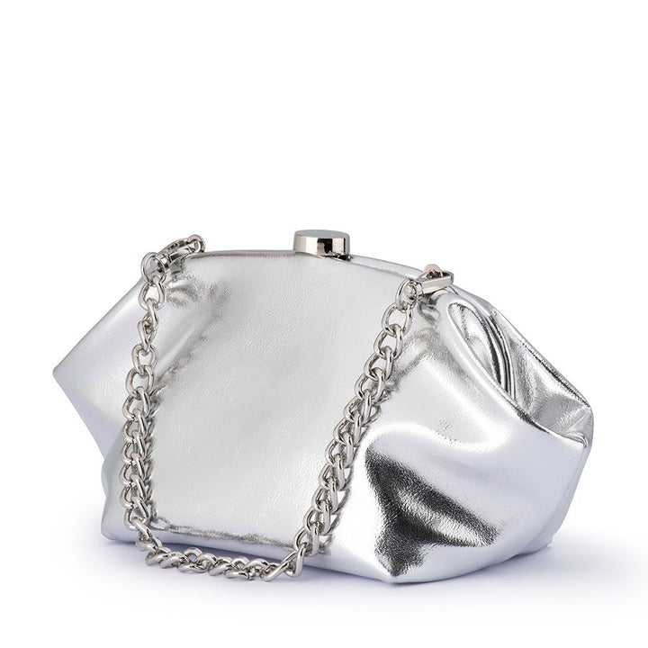 Olga Berg Tally Metallic Clutch in Silver available at Barbara Katz