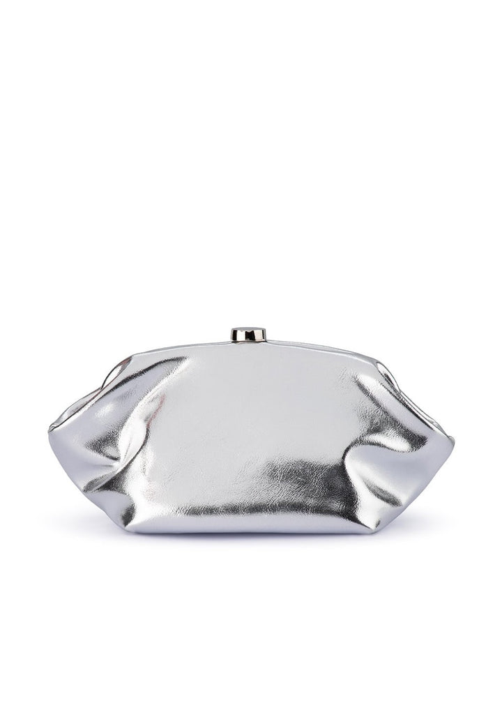 Olga Berg Tally Metallic Clutch in Silver available at Barbara Katz