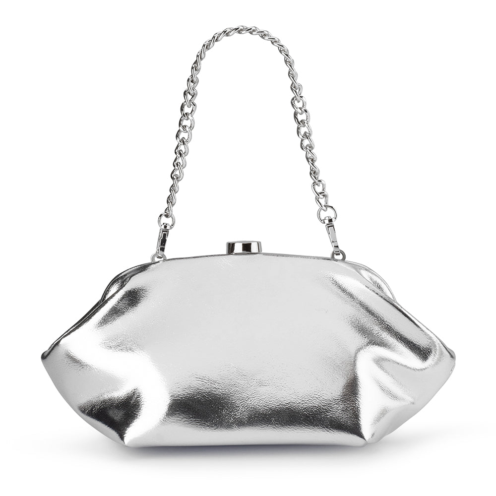 Olga Berg Tally Metallic Clutch in Silver available at Barbara Katz