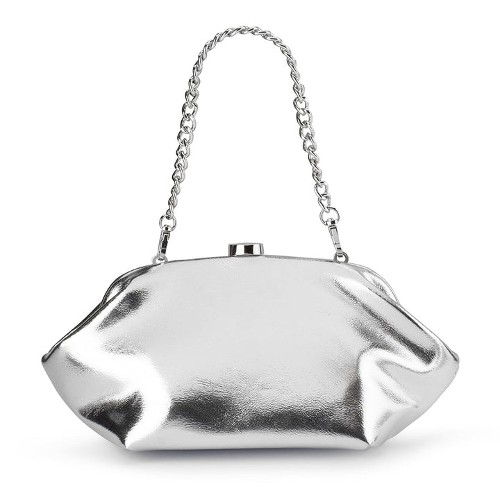 Olga Berg Tally Metallic Clutch in Silver available at Barbara Katz