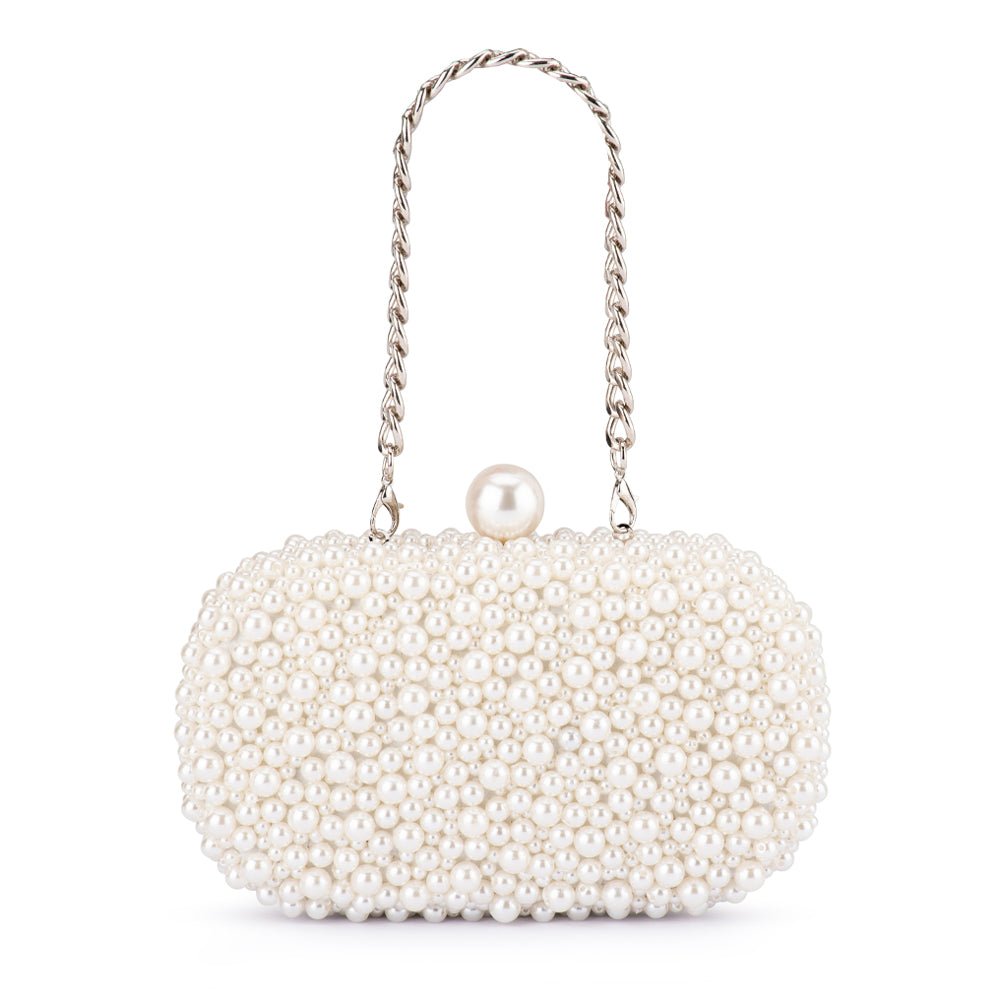 Olga Berg Valentina Pearl Clutch Bag in Pearl/Silver available at Barbara Katz
