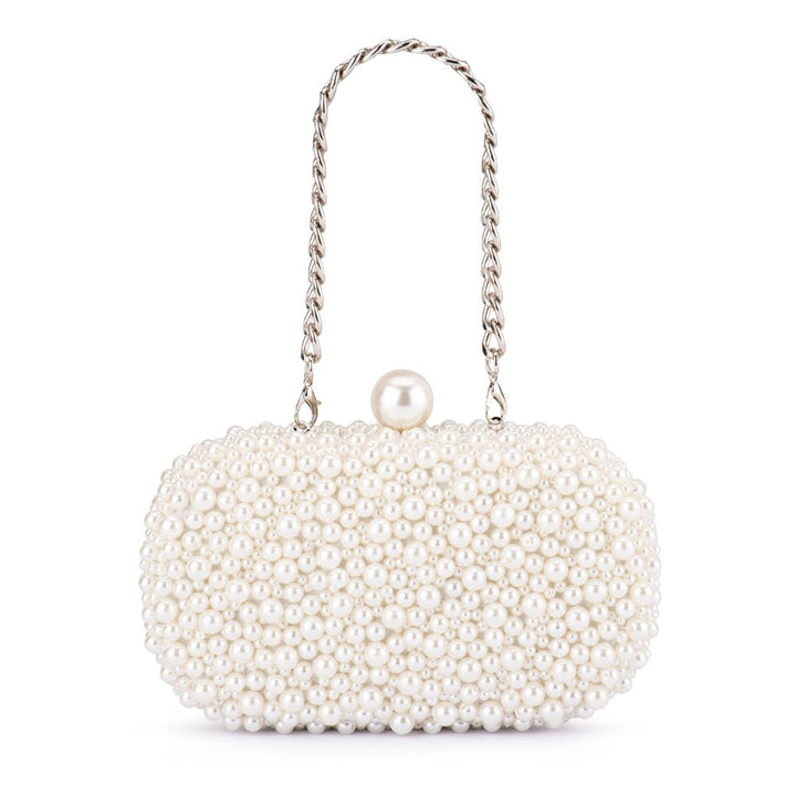 Olga Berg Valentina Pearl Clutch Bag in Pearl/Silver available at Barbara Katz