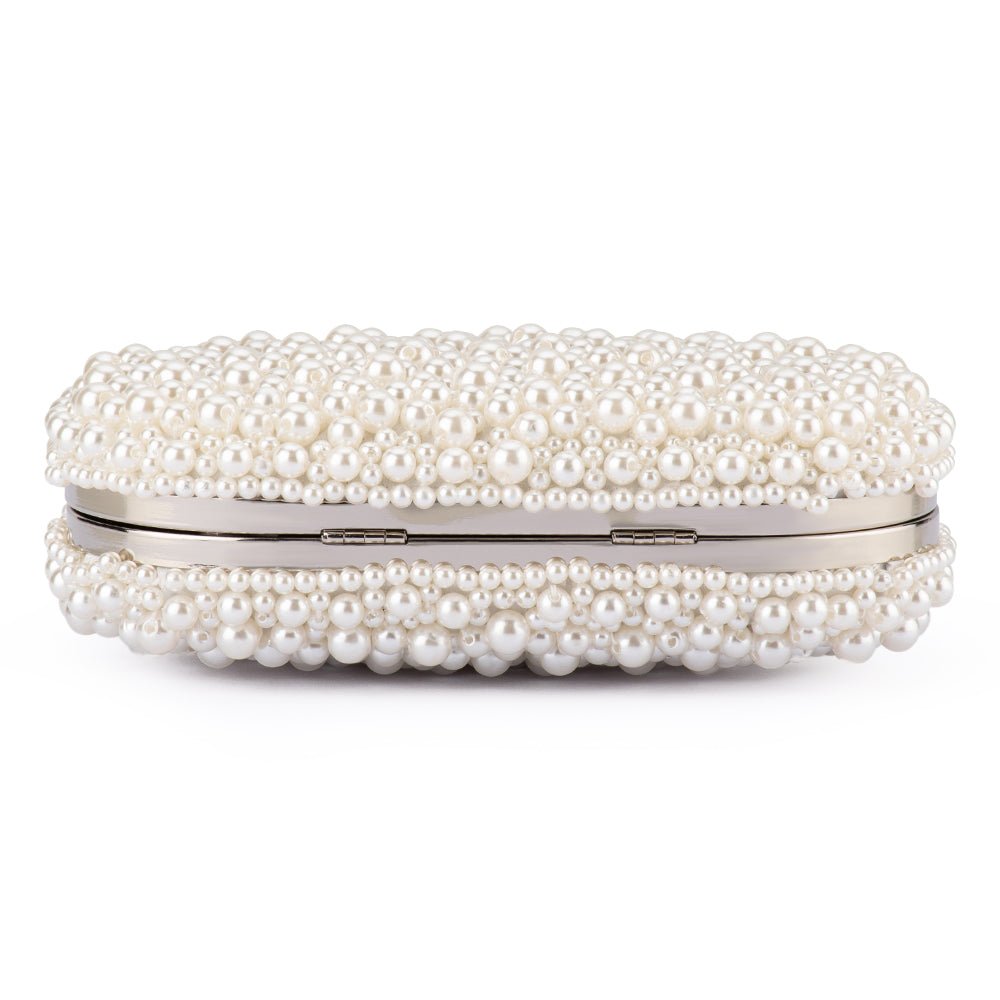 Olga Berg Valentina Pearl Clutch Bag in Pearl/Silver available at Barbara Katz