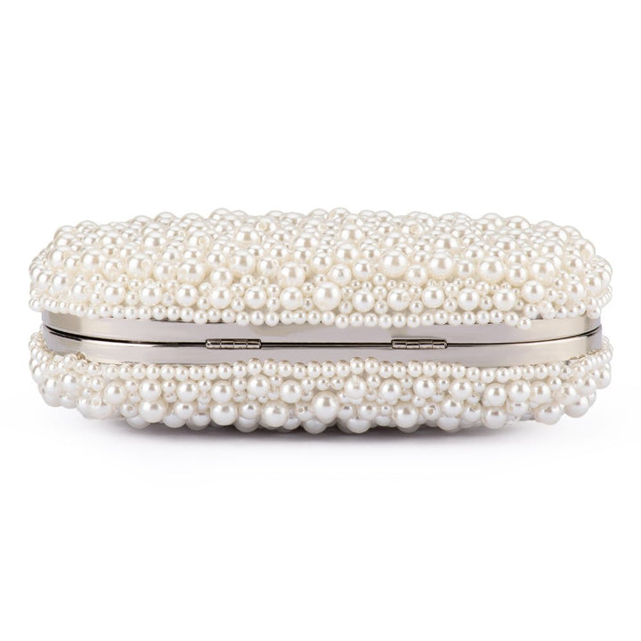 Olga Berg Valentina Pearl Clutch Bag in Pearl/Silver available at Barbara Katz