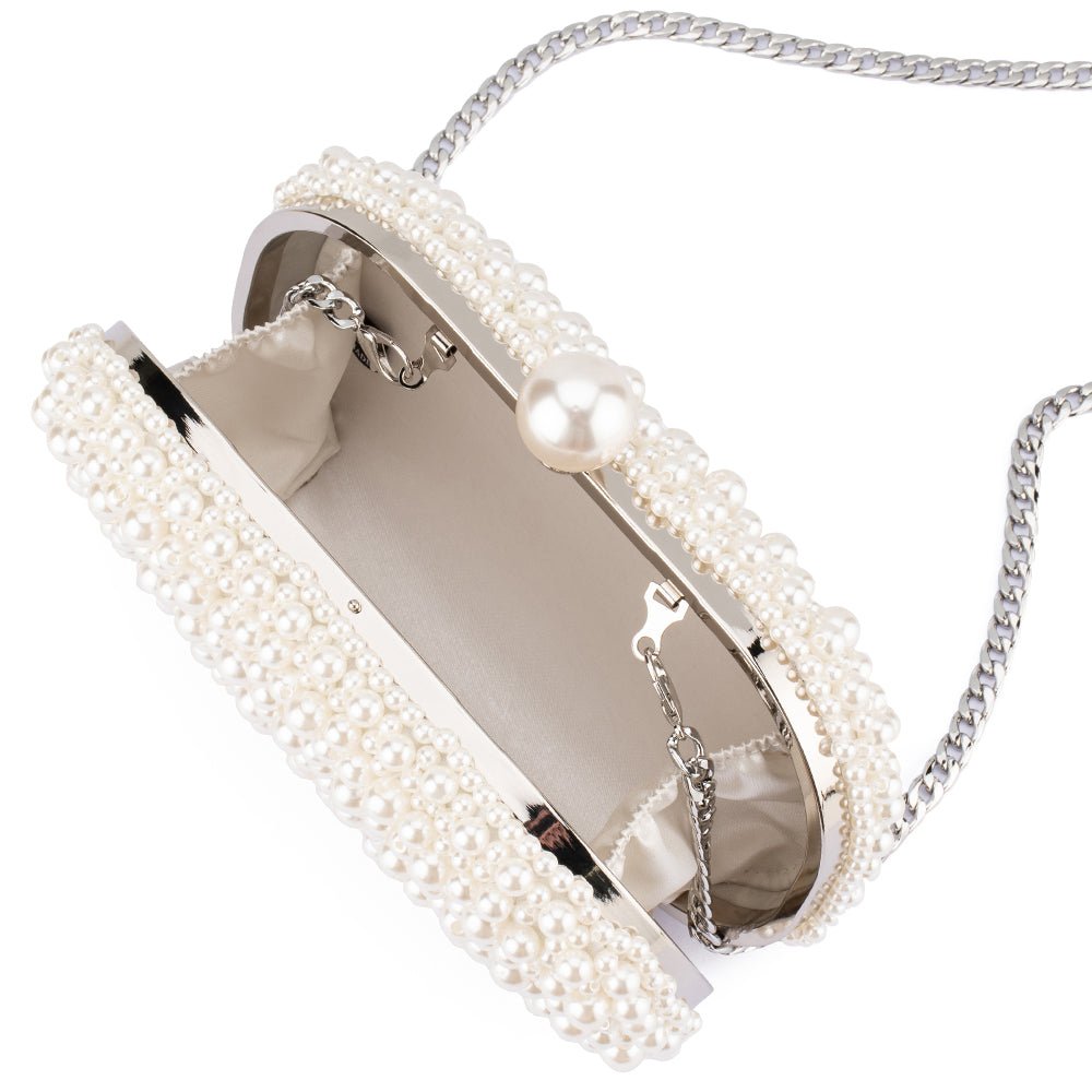 Olga Berg Valentina Pearl Clutch Bag in Pearl/Silver available at Barbara Katz