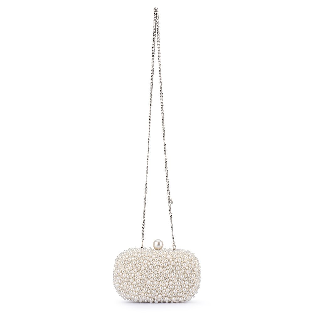 Olga Berg Valentina Pearl Clutch Bag in Pearl/Silver available at Barbara Katz