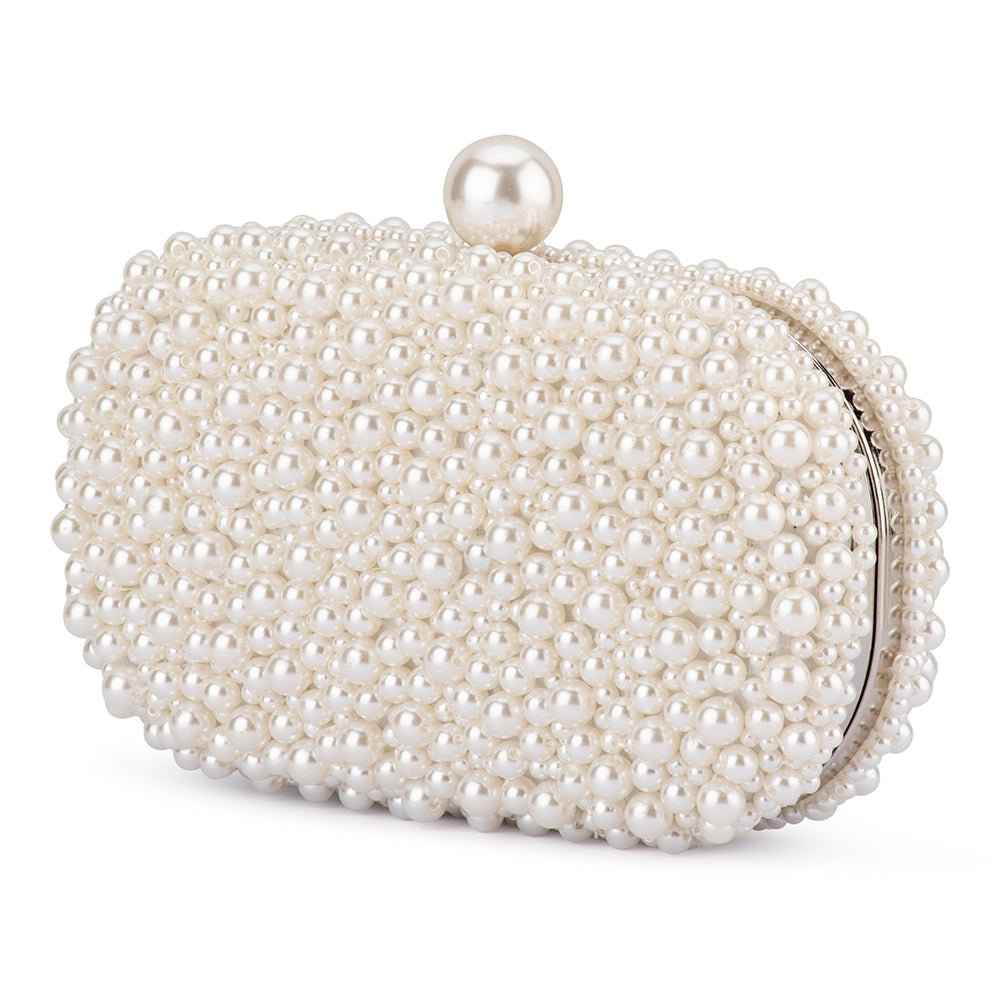 Olga Berg Valentina Pearl Clutch Bag in Pearl/Silver available at Barbara Katz