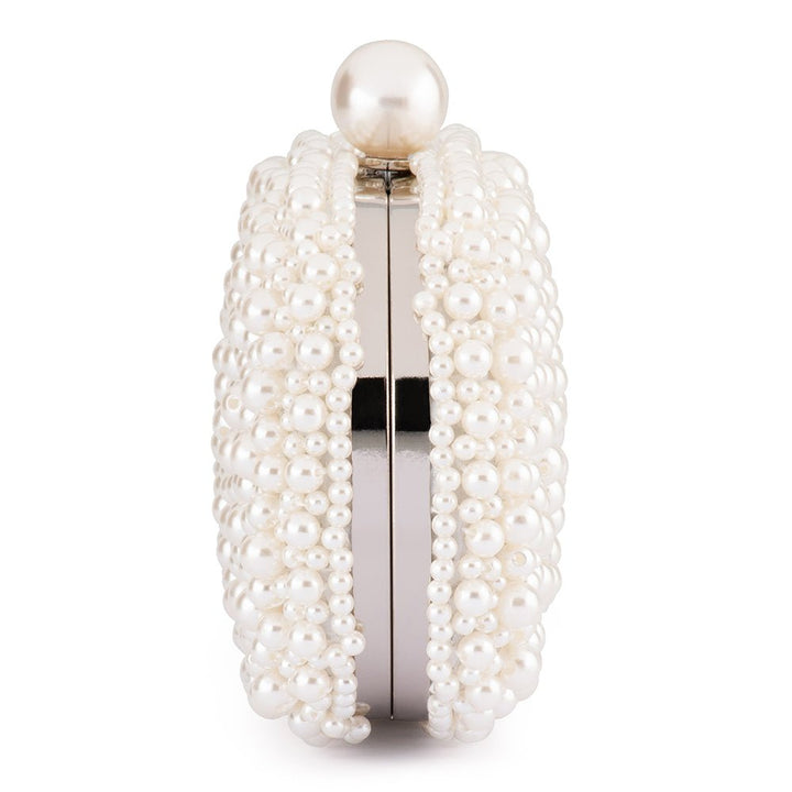 Olga Berg Valentina Pearl Clutch Bag in Pearl/Silver available at Barbara Katz