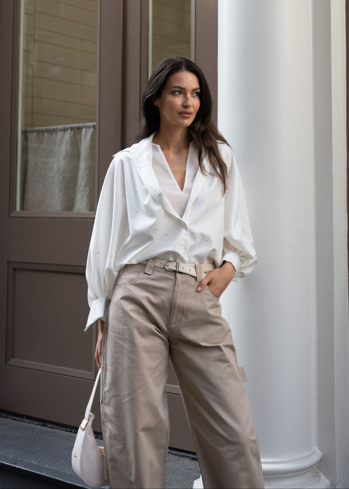Diomi Oxford Blouse With Blouson Sleeve - White Rhinestone available at Barbara Katz