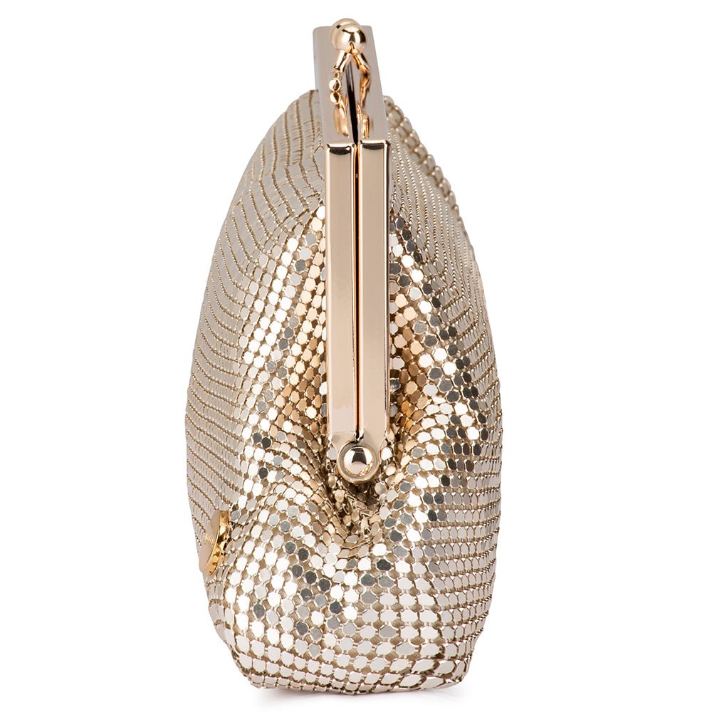 Olga Berg Zara Mesh Frame Clutch Bag in Gold available at Barbara Katz