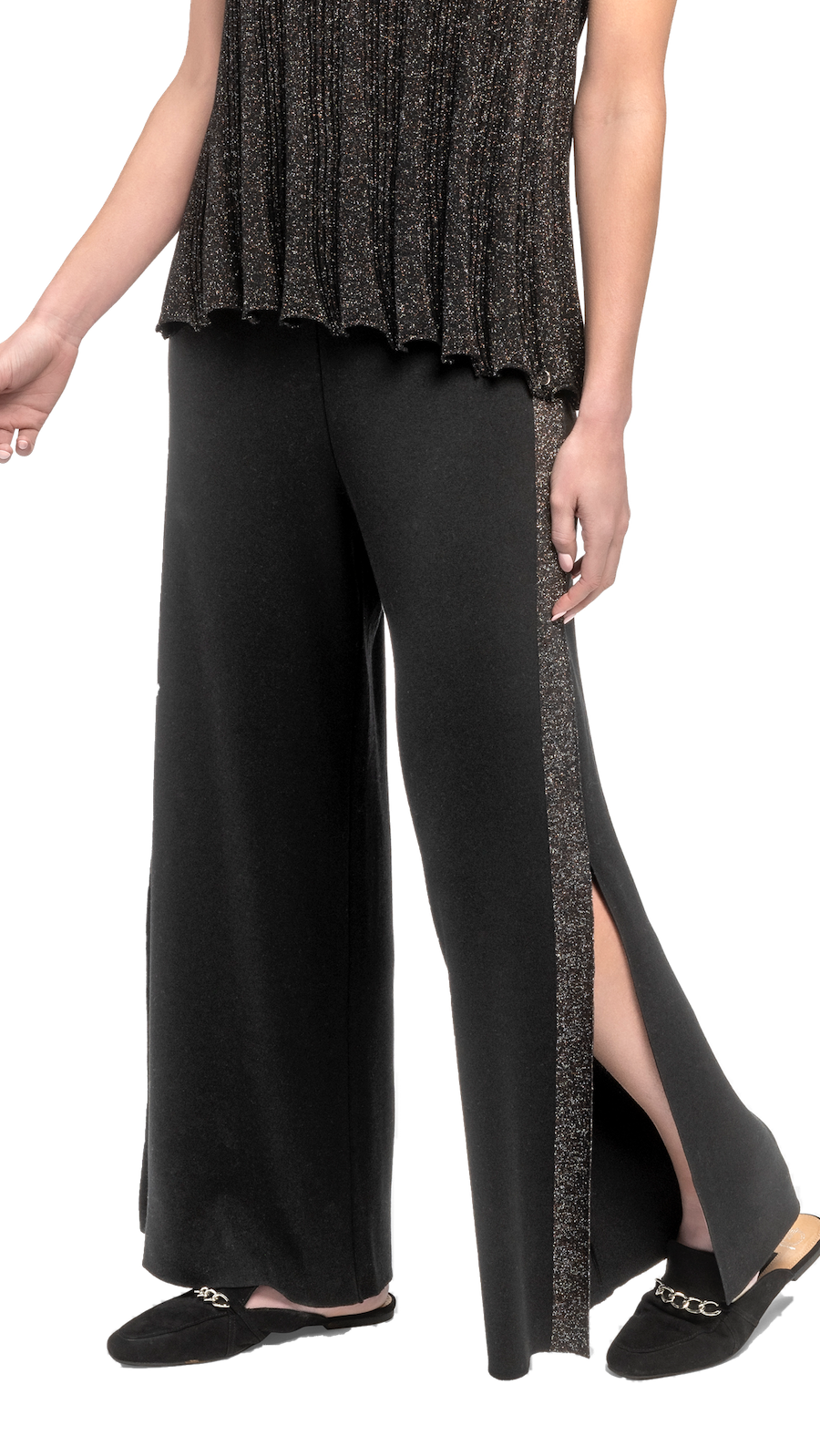 Tracey Wide Leg Milano-knit Pants with Shimmery Side Stripe and a Slit; Black/Black Silver