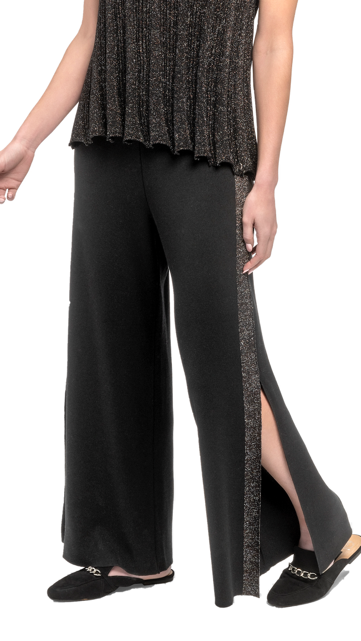 Tracey Wide Leg Milano-knit Pants with Shimmery Side Stripe and a Slit; Black/Black Silver